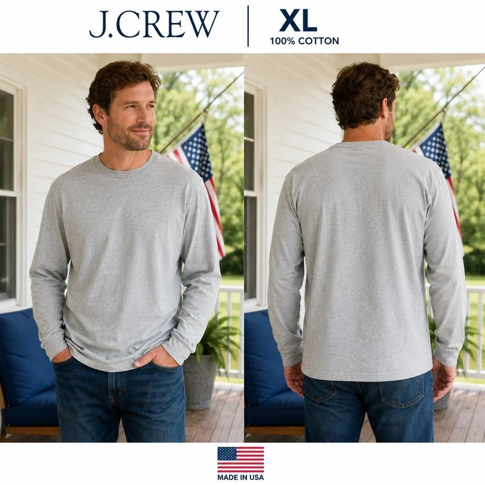 J.Crew Mens XL Long Sleeve T-Shirt Gray 100% Cotton Made in USA 48756